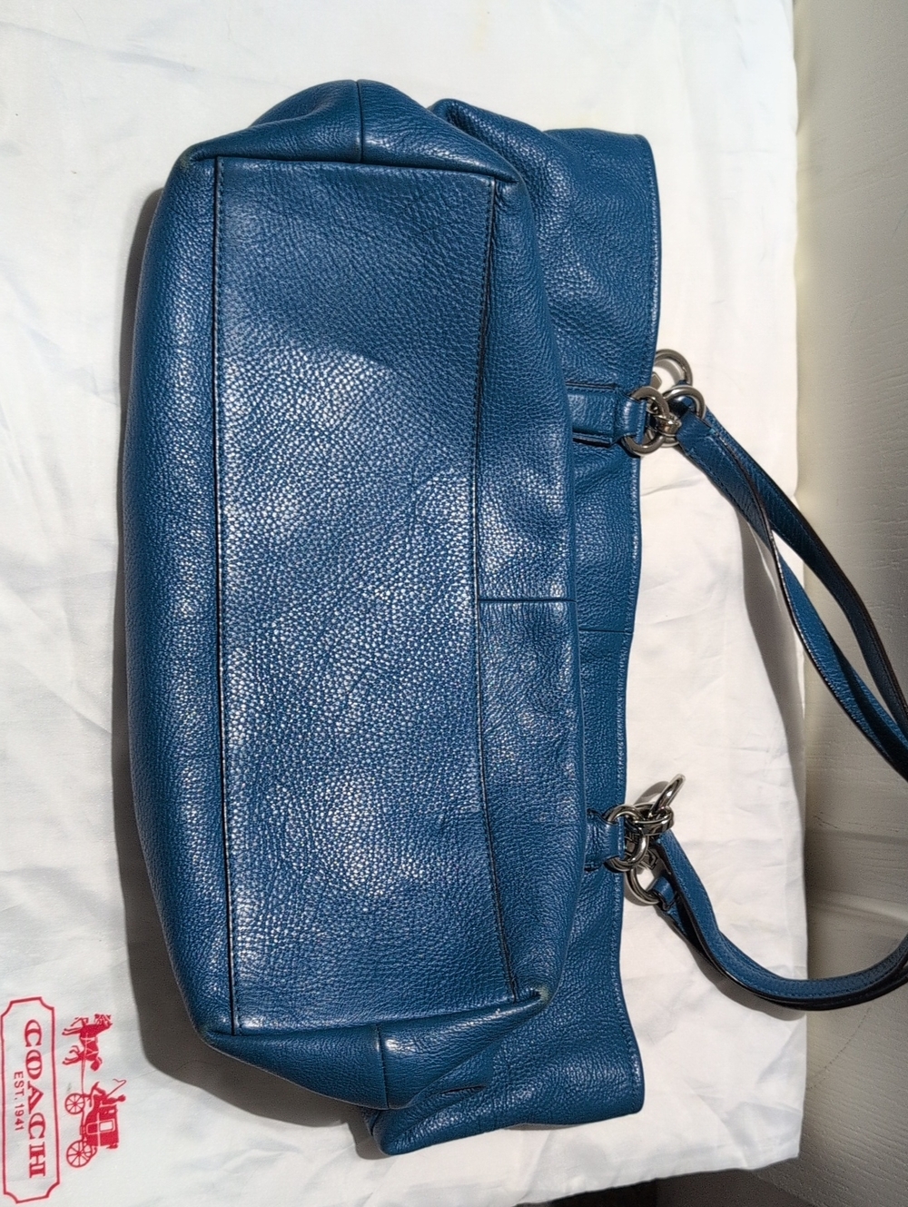 Coach Teal Blue Pebbled Leather Tote with Silver Hardware - Picture 3 of 7